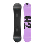 Top and bottom view of a snowboard. The top view shows stylized hydrogen bonds and the bottom view shows "H2" in a brush script typeface.
